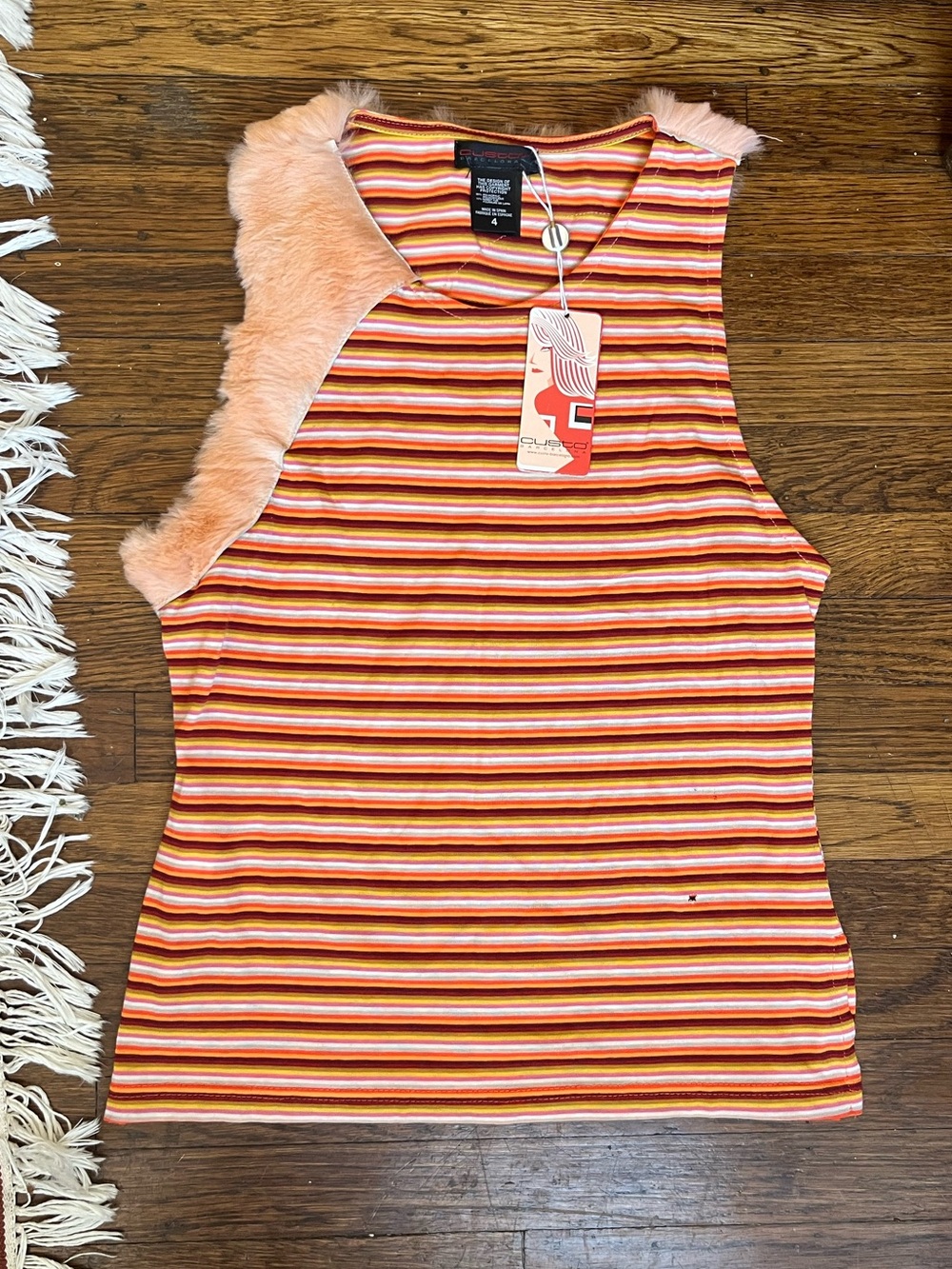 Custo Barcelona Peach & Orange Striped Fur Trim Tank Top Stripped sleeveless